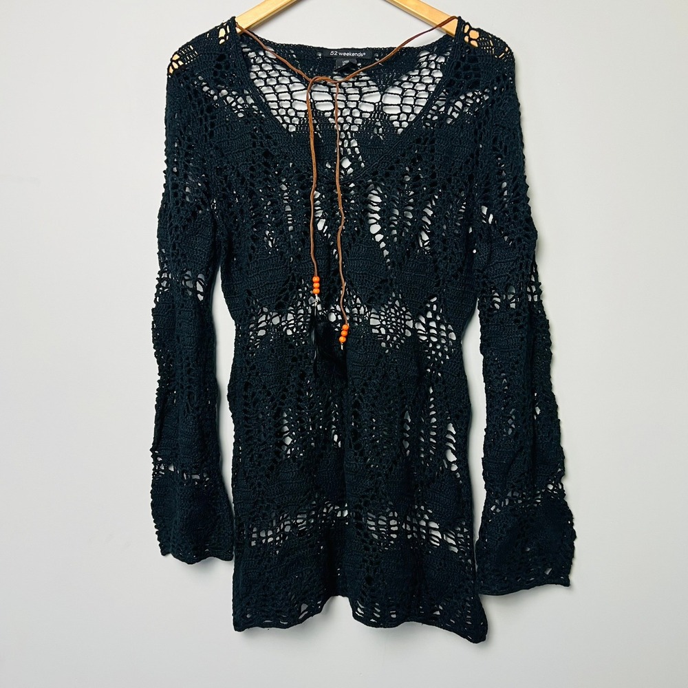 52 Weekends Black Crochet V Neck Bell Sleeve Tunic Top Mini Dress Large Y2k Boho